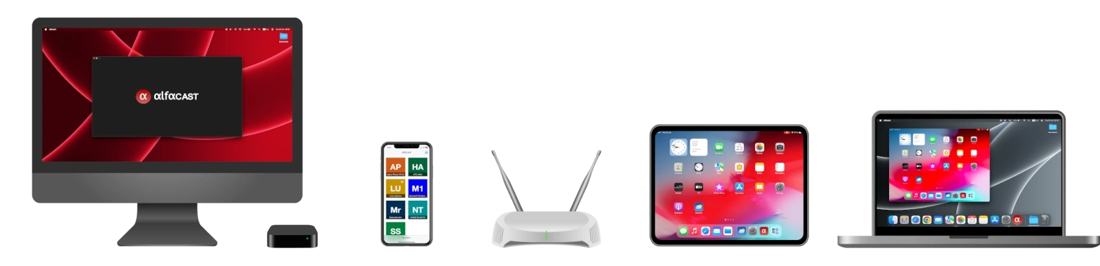 alfacast screen mirroring devices icon, workflow with wifi router