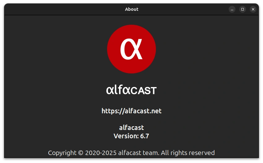 alfacast screen mirror app About window for Linux