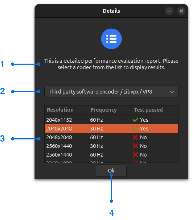Details window of performance evaluation for Linux screen mirroring