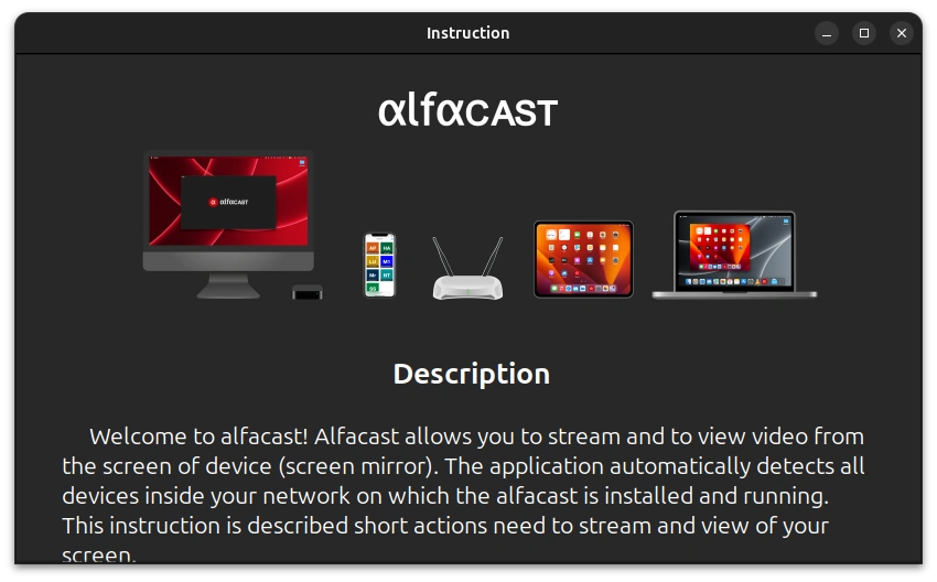 alfacast screen mirror app Instruction window for Linux