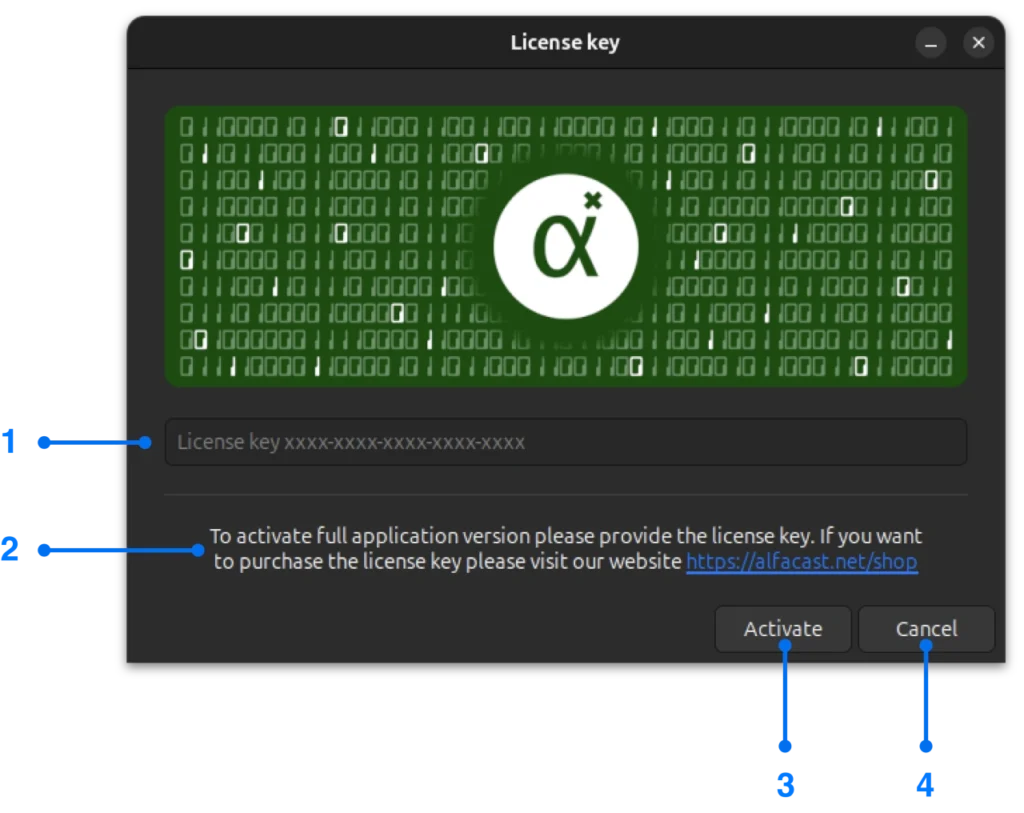 alfacast screen mirror app License key window for Linux