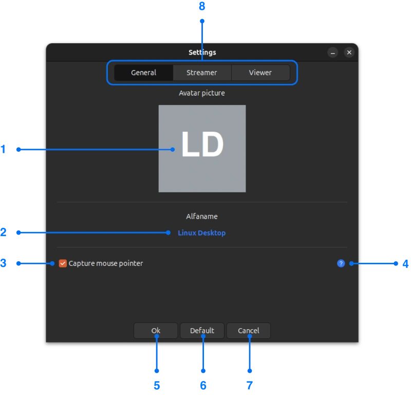 Settings window with general tab of Linux screen mirroring