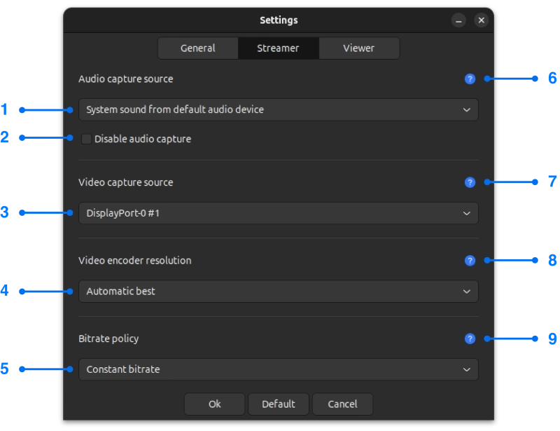 Settings window with streamer tab of Linux screen mirroring