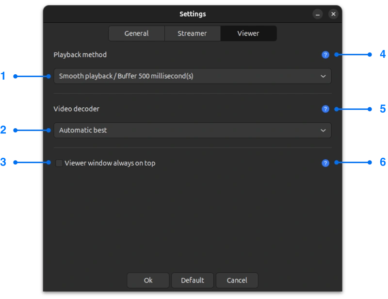 Settings window with viewer tab of Linux screen mirroring