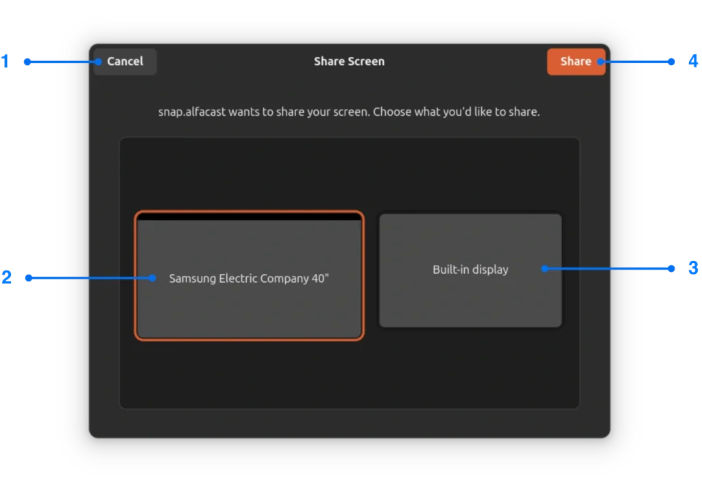 Wayland desktop selection window for Linux screen mirroring