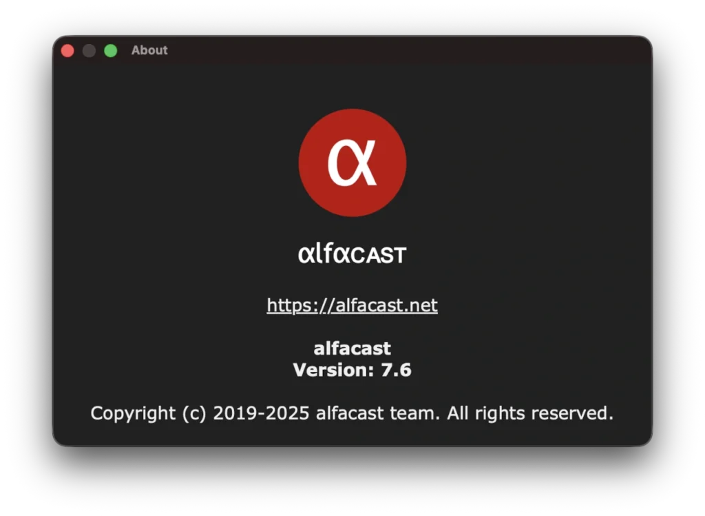 alfacast screen mirror app About window for macOS