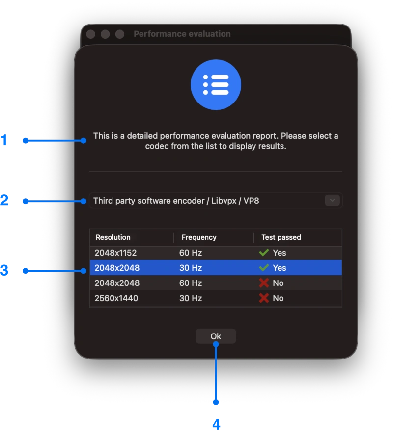 Details window of performance evaluation for Mac screen mirroring