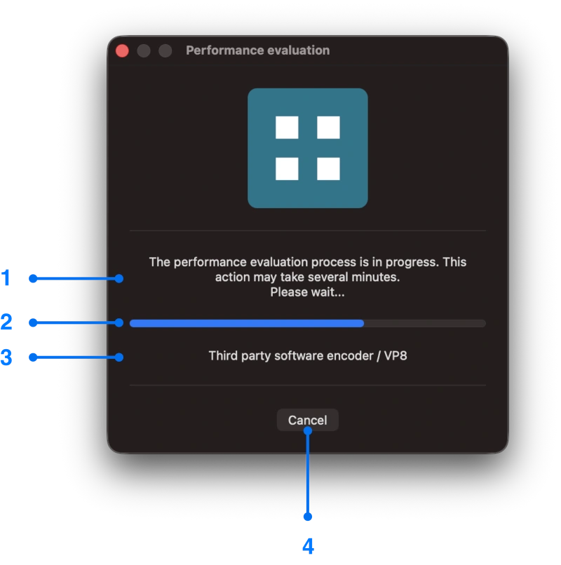 Progress state of performance evaluation window for Mac screen mirroring