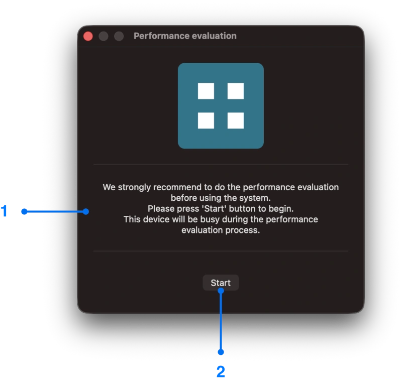 Start state of performance evaluation window for Mac screen mirroring