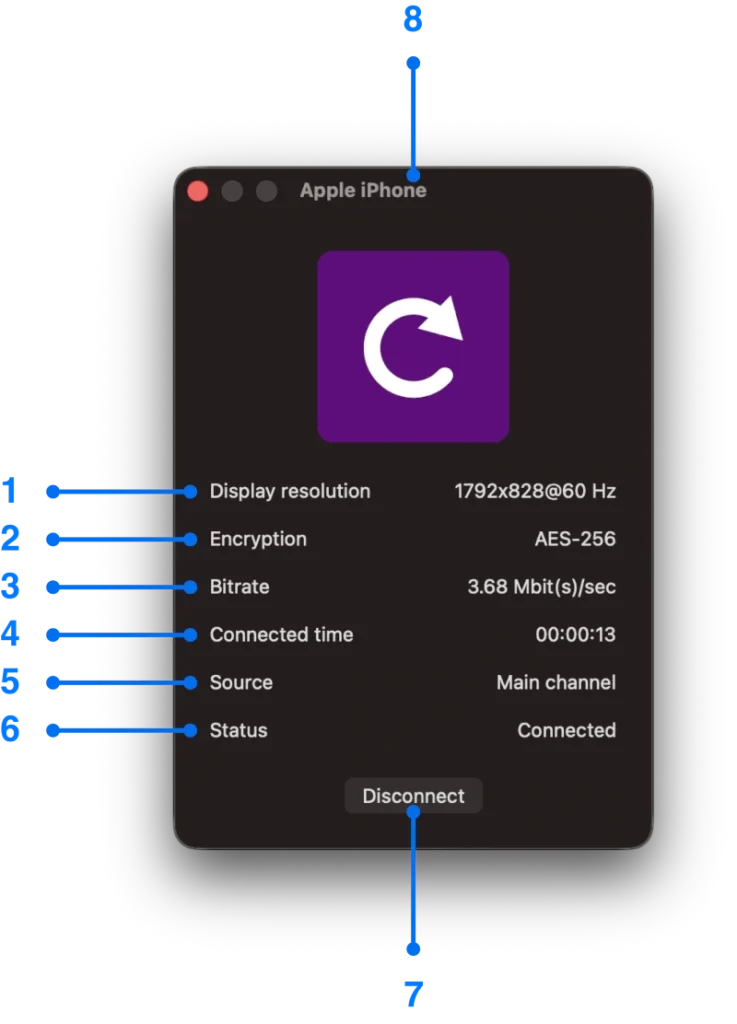 Incoming connection window for Mac screen mirroring