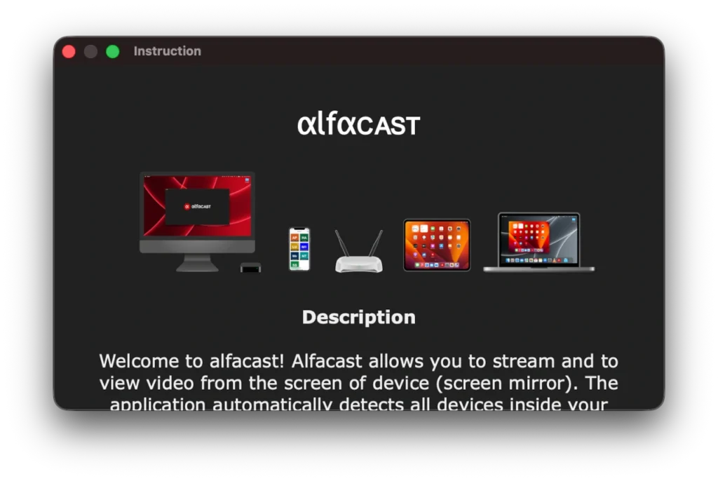 alfacast screen mirror app Instruction window for macOS