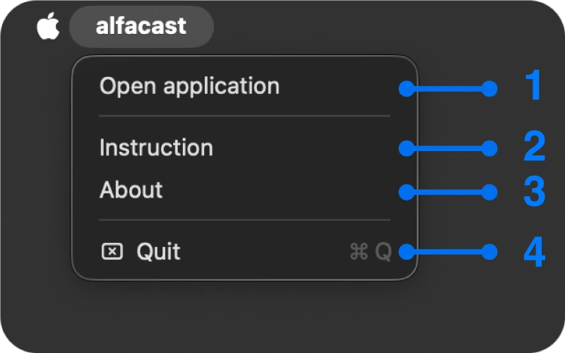 macOS main menu for alfacast screen mirror