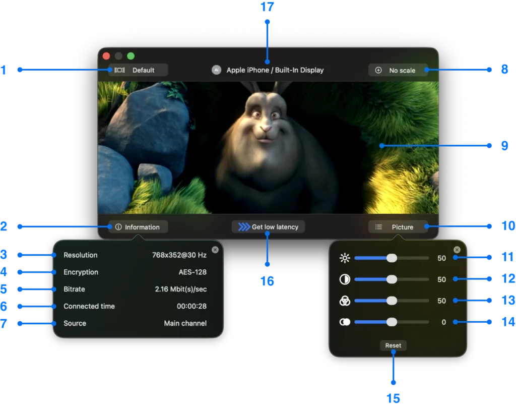 Playback window in streaming state for Mac screen mirroring