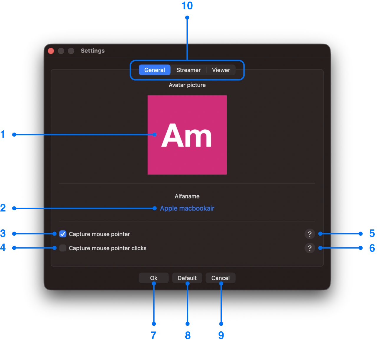 Settings window with general tab of Mac screen mirroring