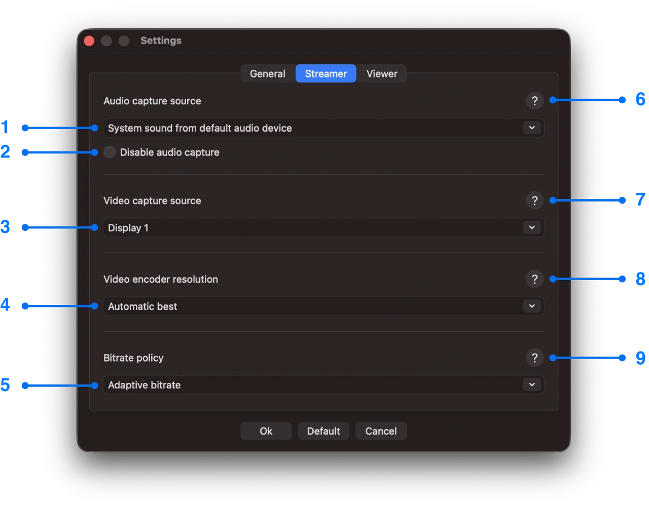Settings window with streamer tab of Mac screen mirroring