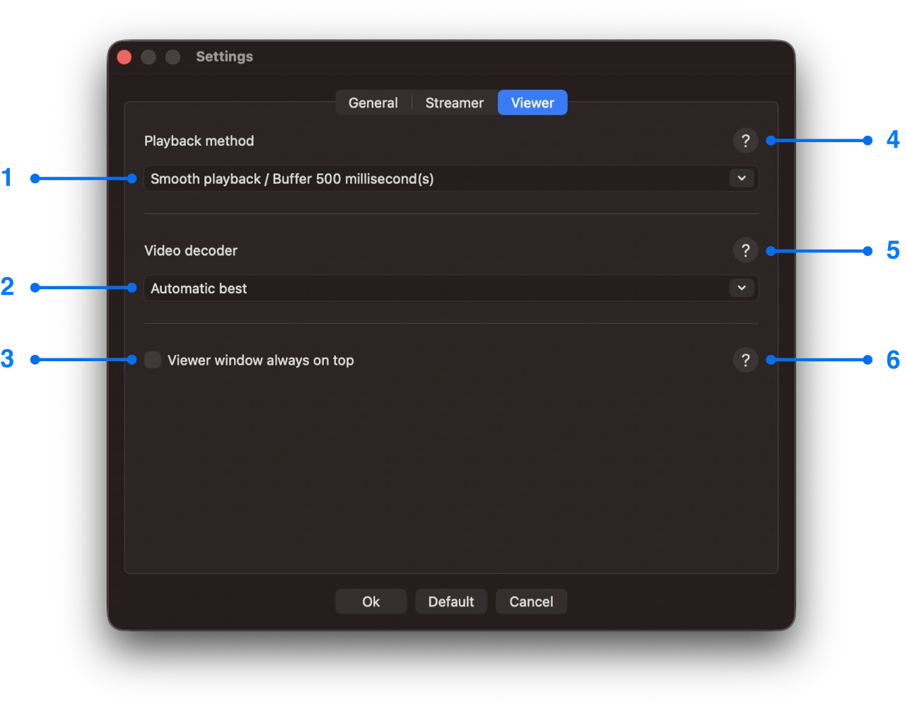 Settings window with viewer tab of Mac screen mirroring
