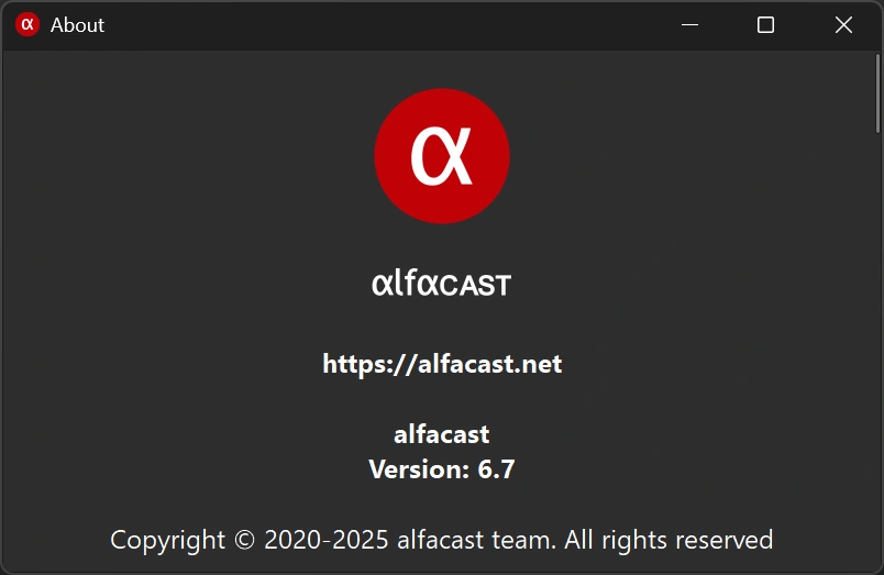 Alfacast screen mirror app About window for Windows