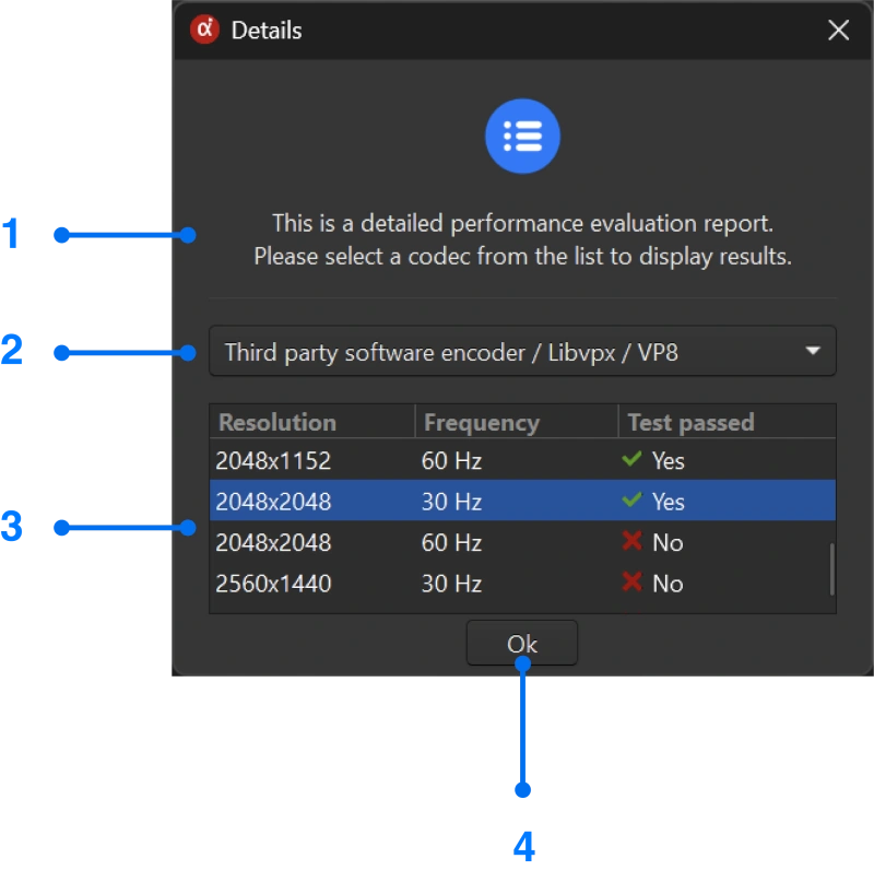 Details window of performance evaluation for Windows screen mirroring
