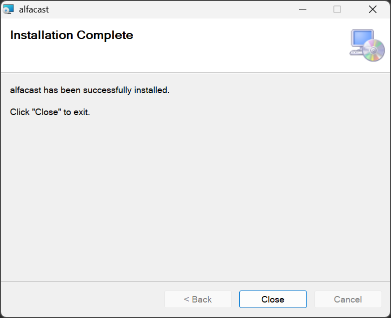 Completing the installation of alfacast screen mirror app with Windows Setup Wizard