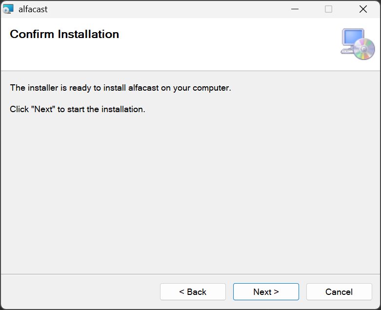 Confirm the installation of alfacast screen mirror app with Windows Setup Wizard