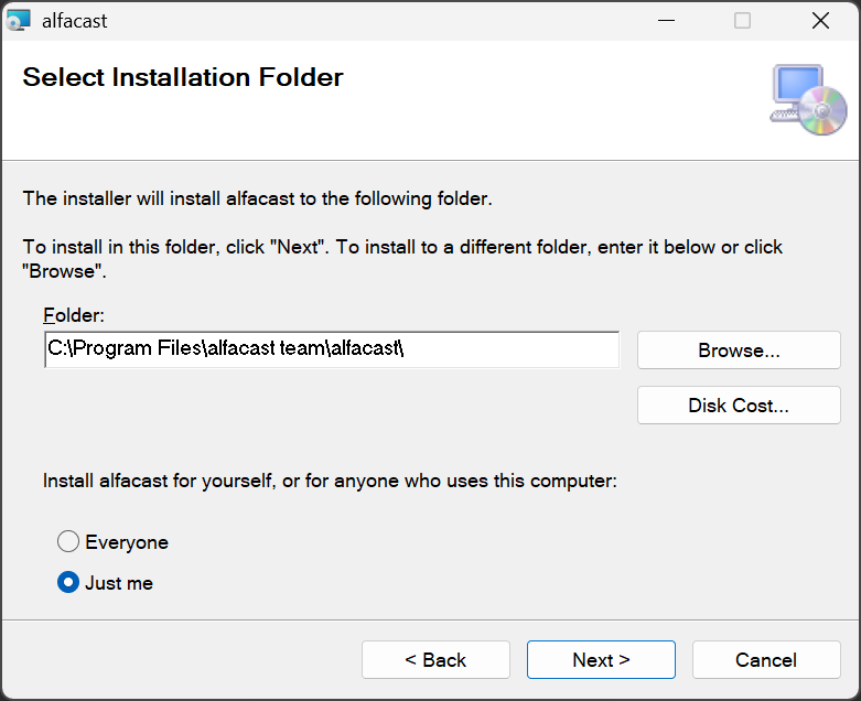 Selecting installation options of alfacast screen mirror app with Windows Setup Wizard