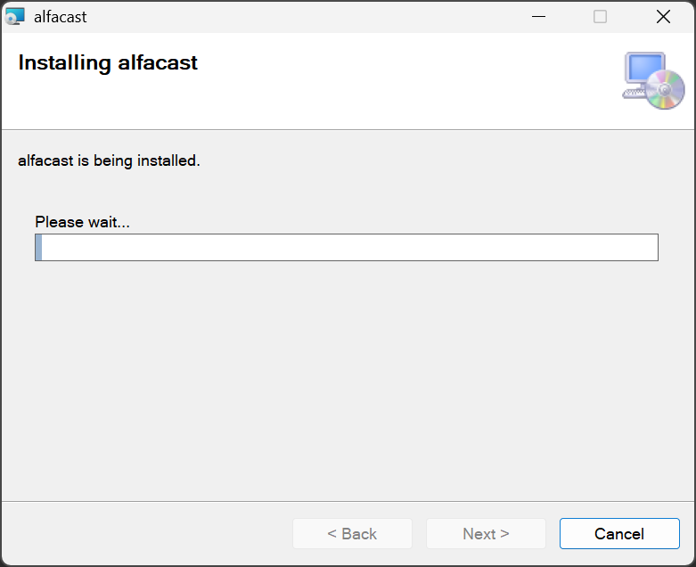 The application installation process of alfacast screen mirror app with Windows Setup Wizard