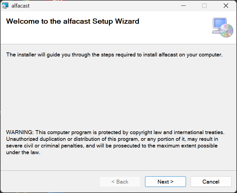 Starting the installation of alfacast screen mirror app with Windows Setup Wizard
