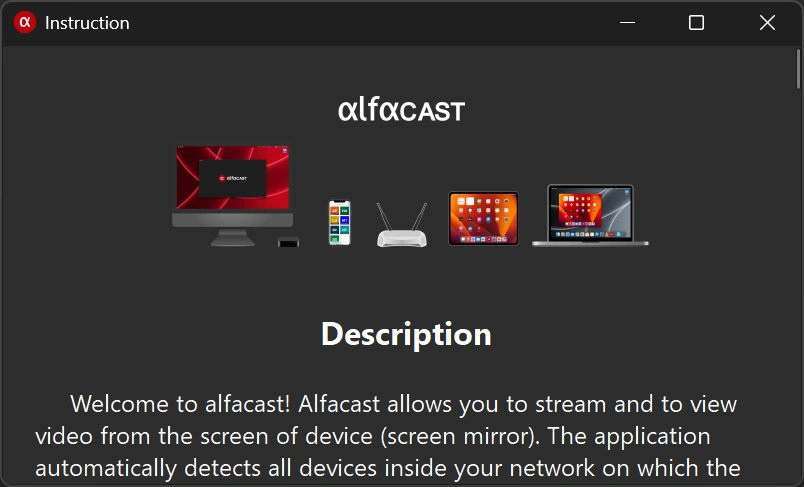 Alfacast screen mirror app Instruction window for Windows