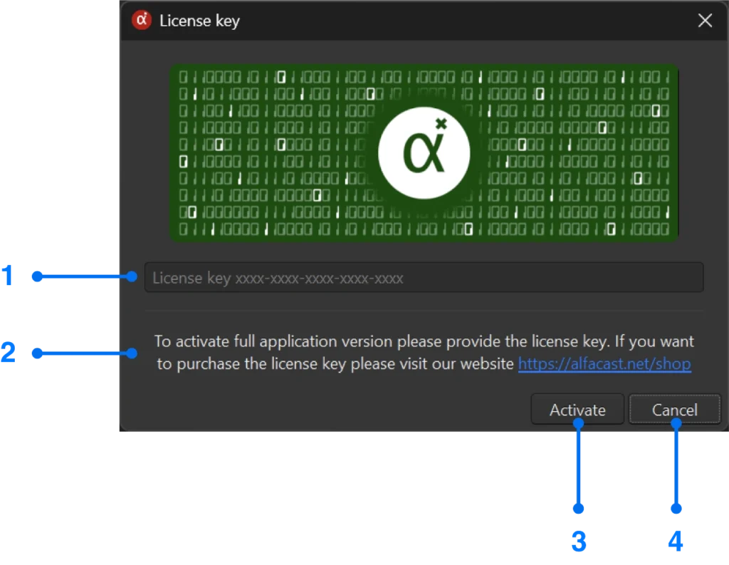 Alfacast screen mirror app License key window for Windows