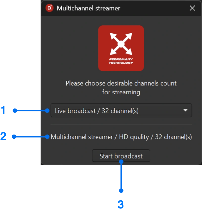 Multichannel streamer setup window for Windows screen mirroring