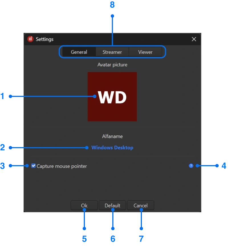 Settings window with general tab of Windows screen mirroring