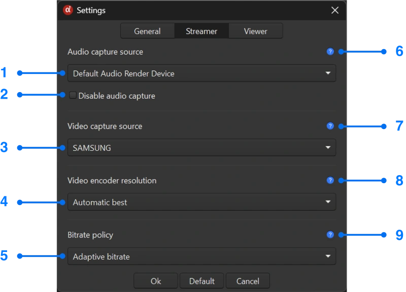 Settings window with streamer tab of Windows screen mirroring