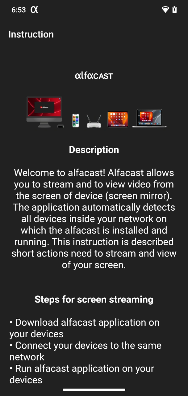 alfacast screen mirror app Instruction window for Android