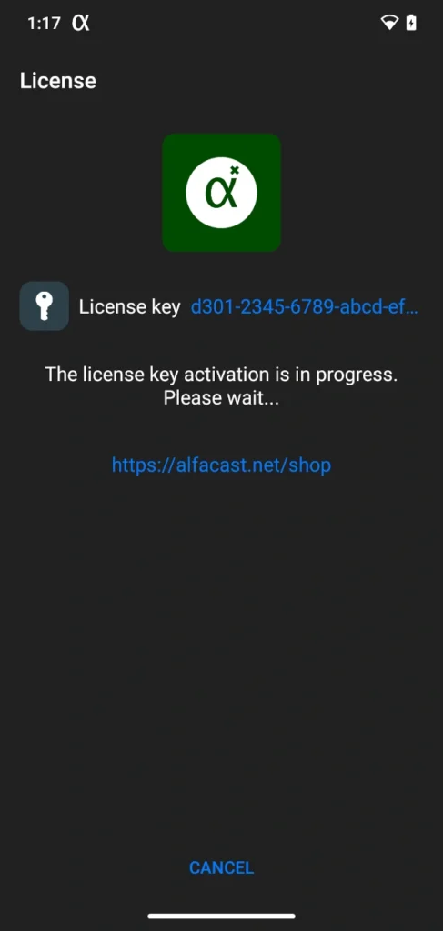 alfacast screen mirror app License activation window for Android