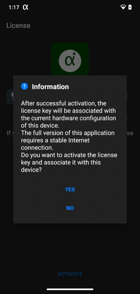 alfacast screen mirror app License info window for Android