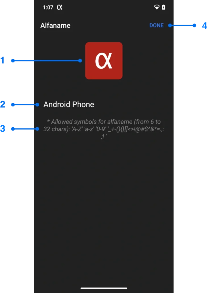 Alfaname selection window for alfacast screen mirror