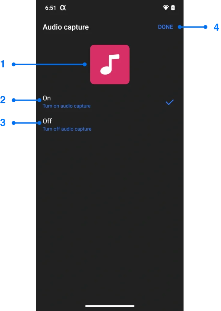 Audio capture settings window for Android screen mirroring