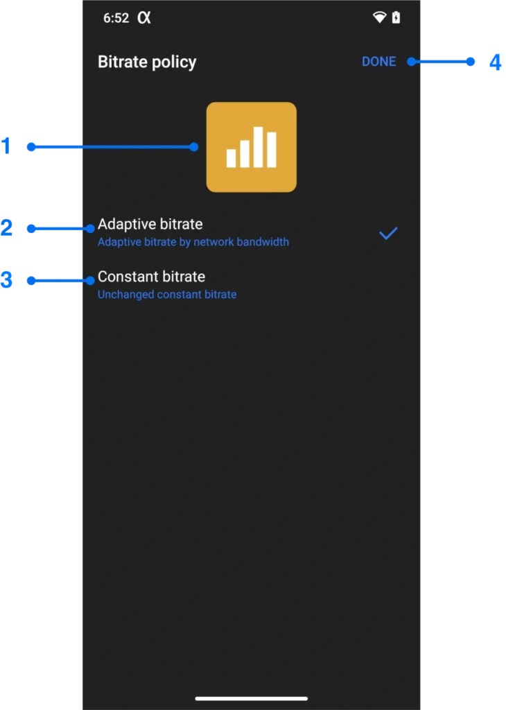 Bitrate policy settings window for Android screen mirroring