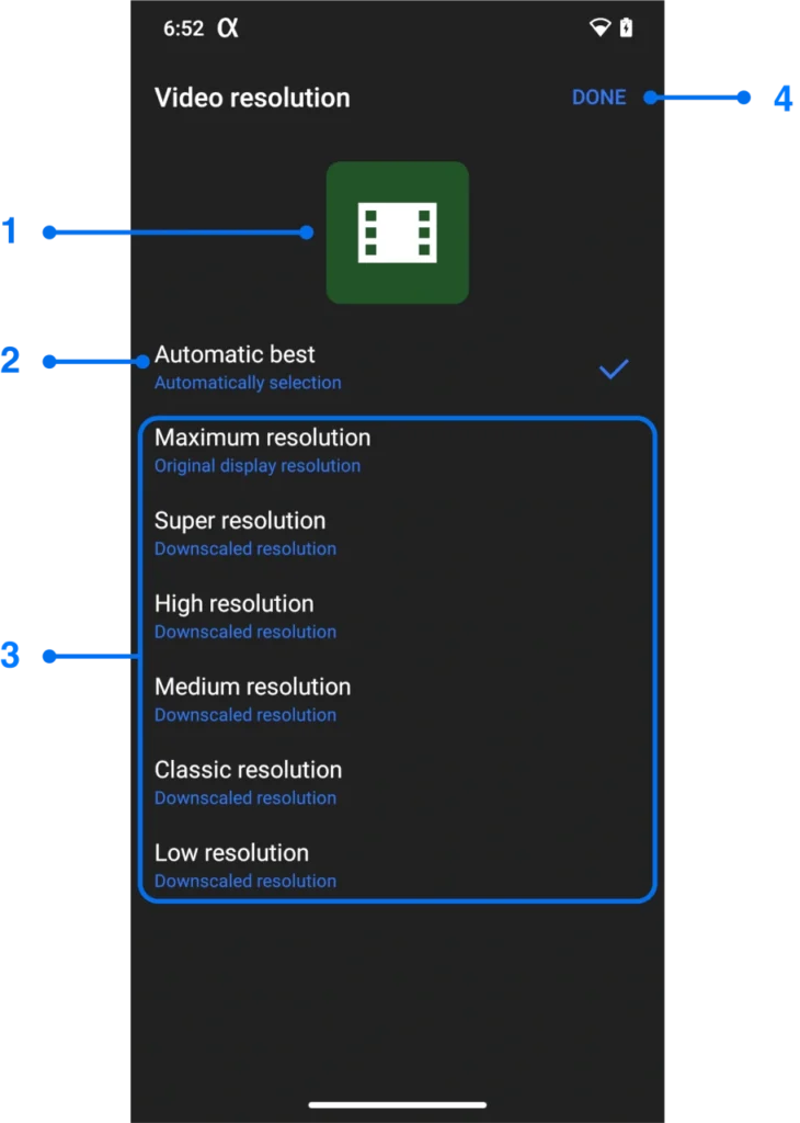Video resolution settings window for Android screen mirroring