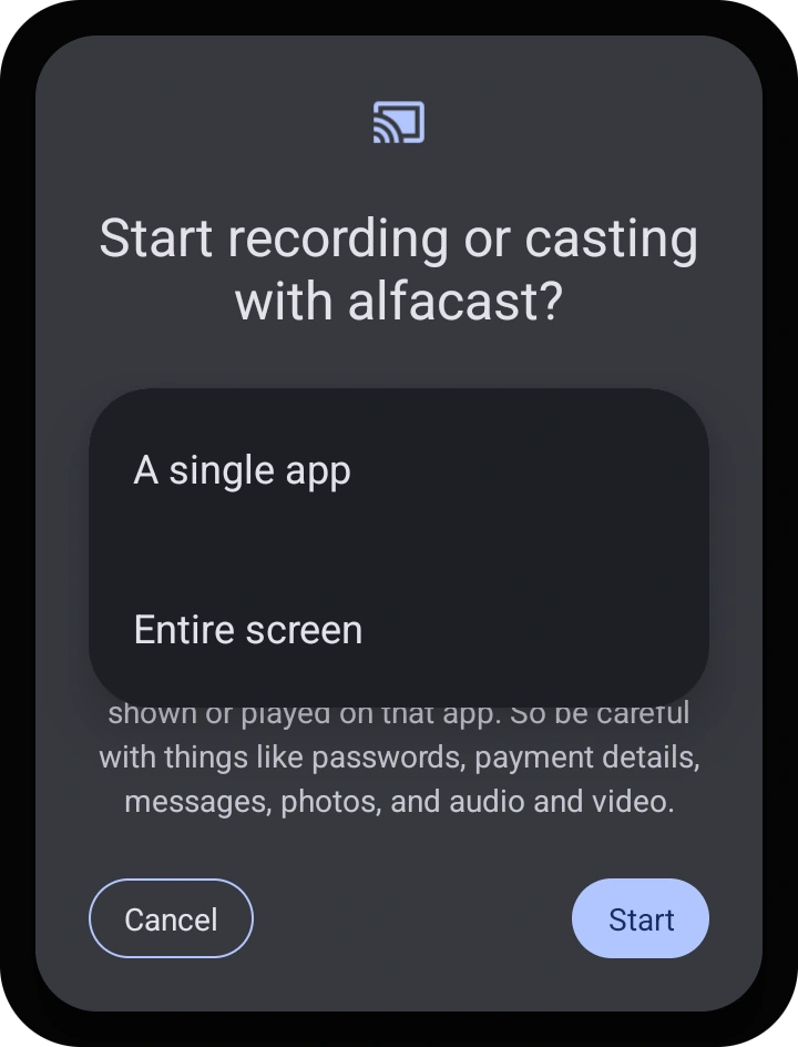 Android TV screen mirroring app request display selection permissions