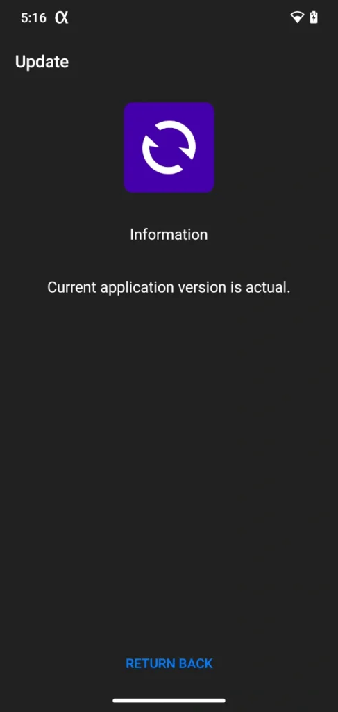 App update window for Android screen mirroring