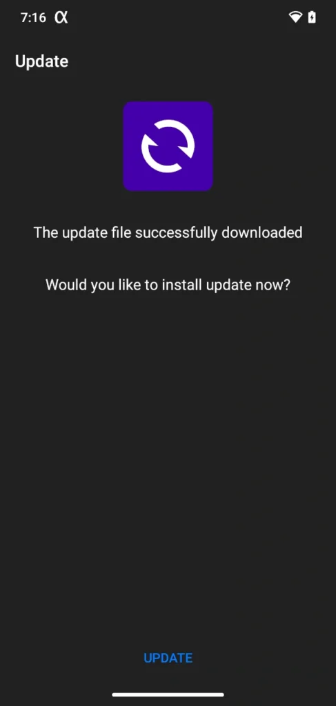 App downloaded update window for Android screen mirroring