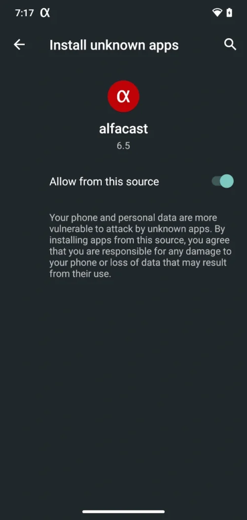 App update request install permissions window for Android screen mirroring