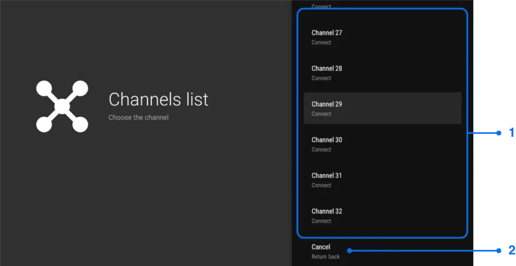 Channel selector window for Android TV screen mirroring
