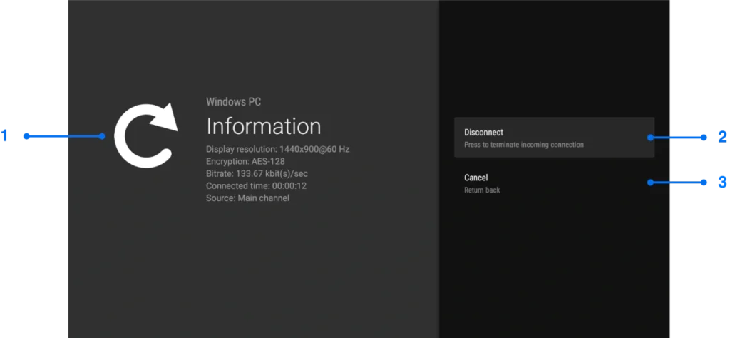 Single channel information window for Android TV screen mirroring