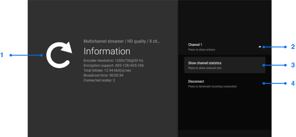 Channel menu for Android TV screen mirroring