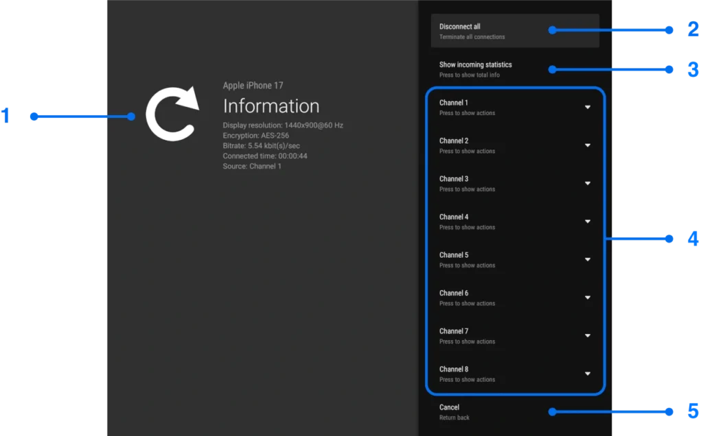 Specific channel information window for Android TV screen mirroring