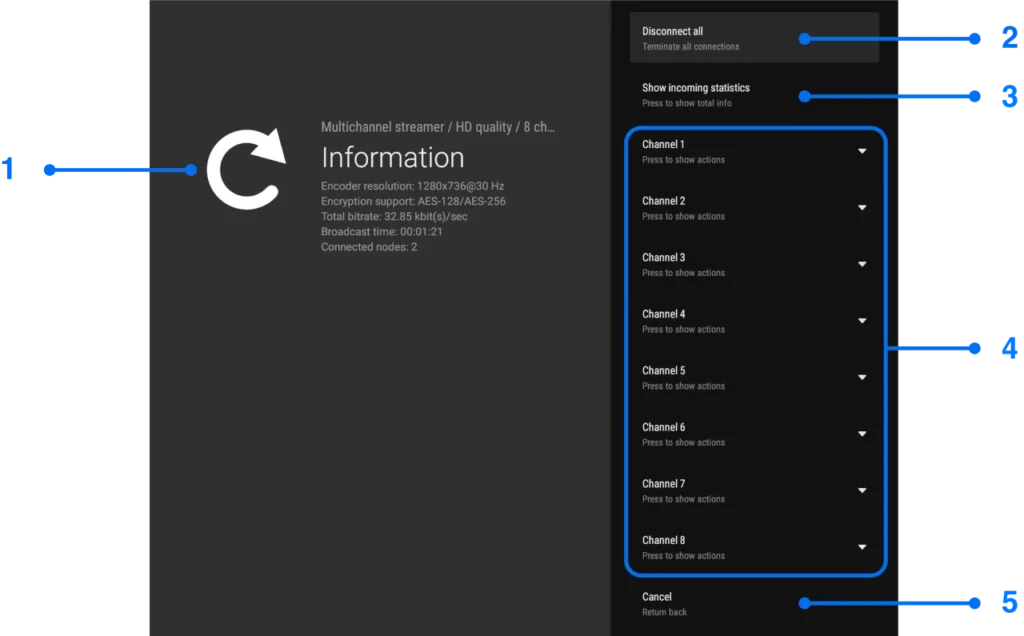 Total channels information window for Android TV screen mirroring