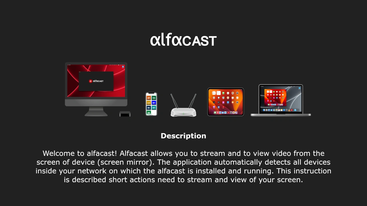 alfacast screen mirror app Instruction window for Android TV