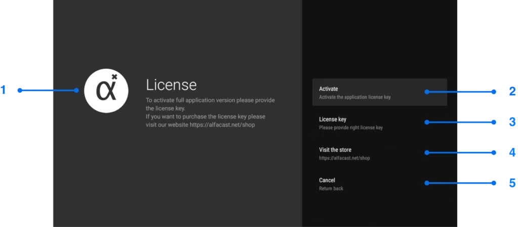alfacast screen mirror app License window for Android TV